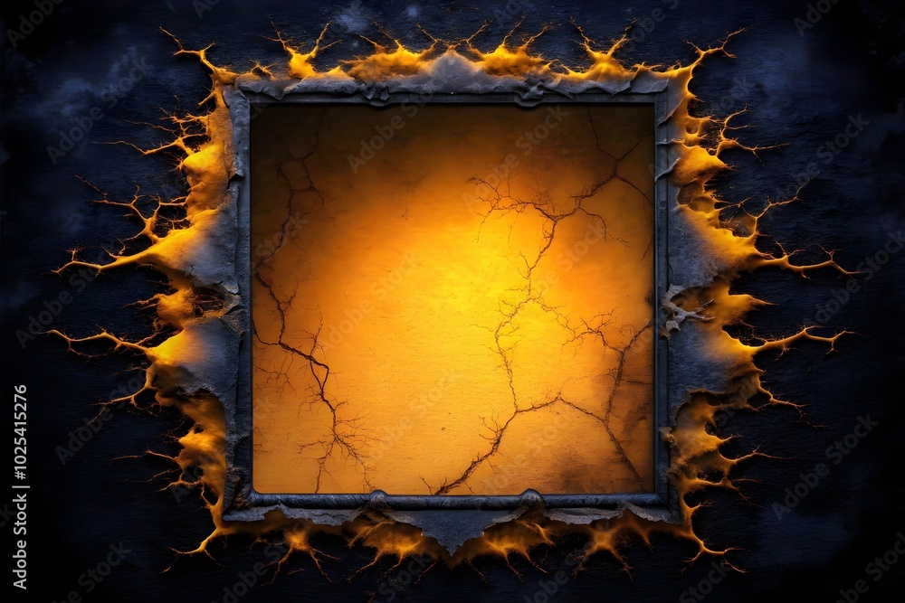 Poster glowing cracked frame emerges from dark fiery background explosive textures intriguing patterns