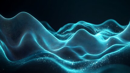 Fototapeta premium Abstract blue glowing waves with sparkling particles.