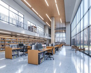 Hightech public library design, open layout with clean blank walls for customized art, modern workstations, and natural materials throughout, 3D rendering