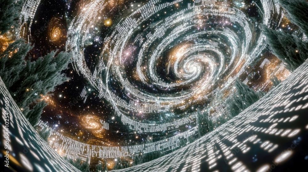 Poster a swirling galaxy filled with stars and data streams, representing cosmic exploration.