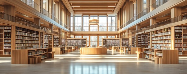 Fototapeta premium Hightech public library design, open layout with clean blank walls for customized art, modern workstations, and natural materials throughout, 3D rendering