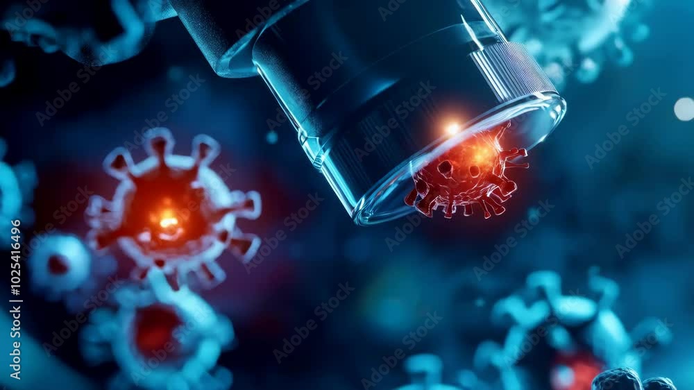 Poster close up view of microscope examining virus highlighting intricate details of virus structure in sci