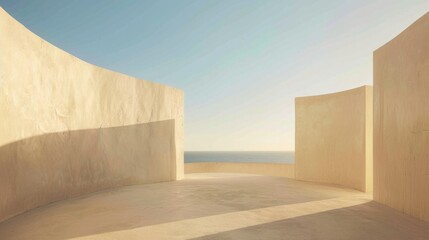  Advertising background:Serene Dawn Sky Reflecting on Minimalist White Wall Surface with Calm Sea Below