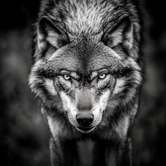 Fototapeta premium Intense Gray Wolf Stalking Forward in Dark Forest, Fierce and Focused Predator with Piercing Eyes
