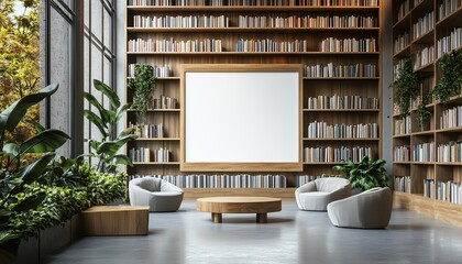 Modern public library interior with minimalist design, blank white wall template for art display, wooden bookshelves, and sleek furniture, 3D rendering