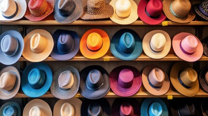 Colorful Variety of Hats Displayed on Shelves