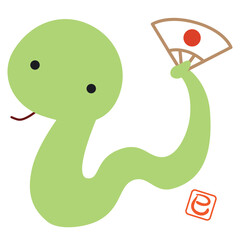 2025年巳年の扇子を持っている干支キャラクターイラスト/グリーン