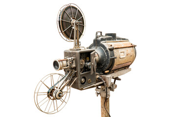 Vintage film movie projector isolated on white background. Retro old cinema projector with film reel isolated