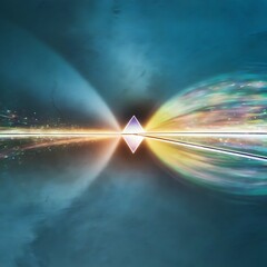 Light prism with beam on blue texture background, panoramic crop