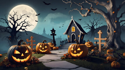 Fototapeta premium Spooky Halloween Scene with Haunted House, Pumpkins, and Full Moon
