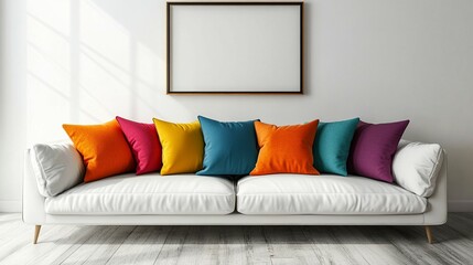 A white Scandinavian couch adorned with colorful pillows, positioned in front of a white blank frame. copy space to add text