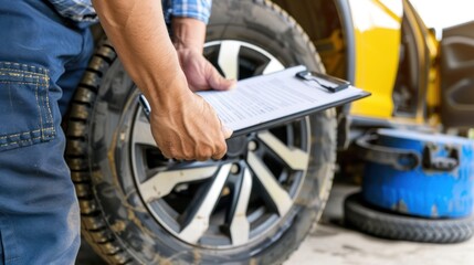 Mechanic Inspecting Car Tire with Clipboard