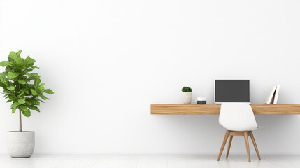 Minimalist home office with a floating desk, a laptop, and a plant.