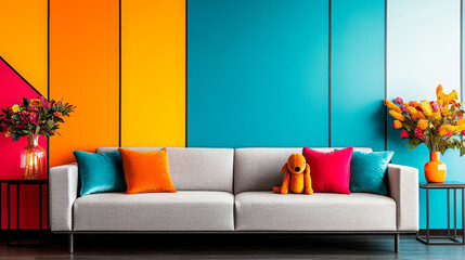 Modern living room with a gray sofa and colorful pillows.