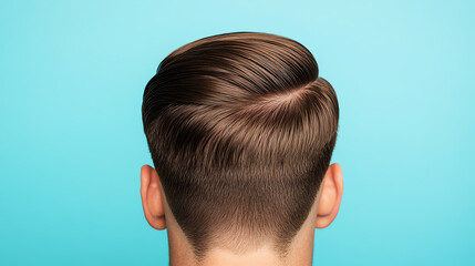Fototapeta premium A stylish, modern men's haircut showcasing a smooth, slicked-back style with a sharp fade against a vibrant blue background.