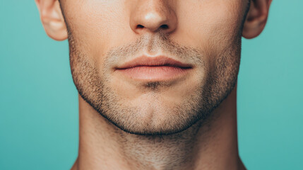 Obraz premium Close-up of a male face showcasing a strong jawline and smooth skin against a solid background, focusing on masculinity and grooming.