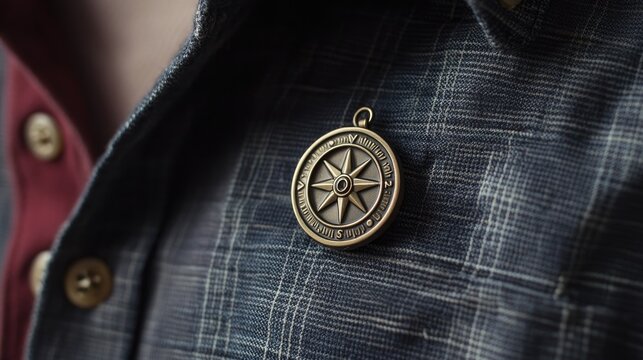 Vintage Compass Brooch on Checkered Shirt