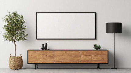Minimalist living room with a large blank canvas above a wooden cabinet.