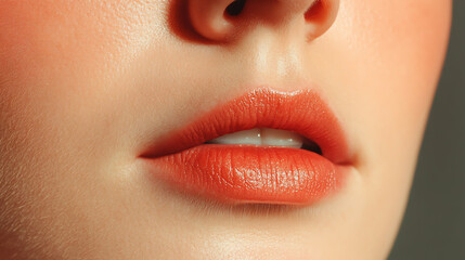 Obraz premium Close-up of beautiful lips with glossy orange lipstick. Soft focus highlights the natural texture and allure, emphasizing beauty and elegance.