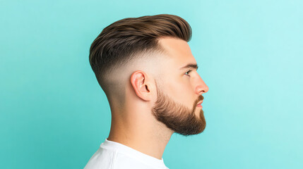 Fototapeta premium Profile of a stylish man with a modern haircut and beard against a bright turquoise background, showcasing contemporary grooming trends.