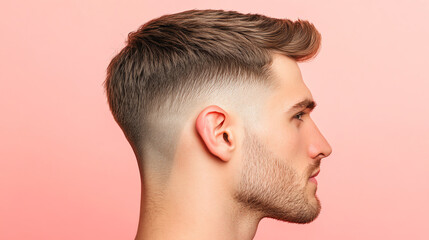 Fototapeta premium Profile view of a stylish young man with a fresh haircut, showcasing a modern fade hairstyle against a soft pink background.