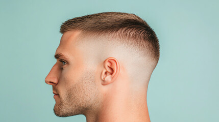 Fototapeta premium Profile view of a young man with a stylish haircut and a modern fade, showcasing a fresh and trendy look against a subtle background.