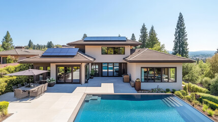 Fototapeta premium Modern home with a pool and patio, a relaxing setting for outdoor entertaining.