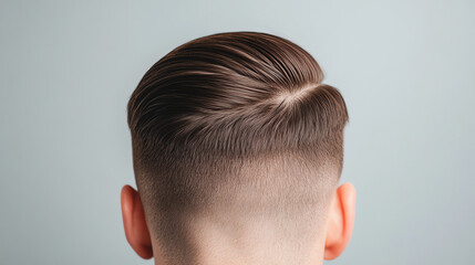 Obraz premium Stylish haircut with a clean fade and slicked back top, viewed from the back against a soft blue background.