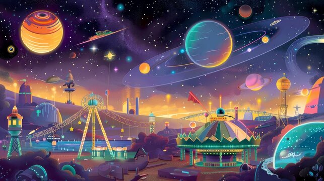 A vibrant cosmic amusement park scene with planets, stars, and whimsical attractions.