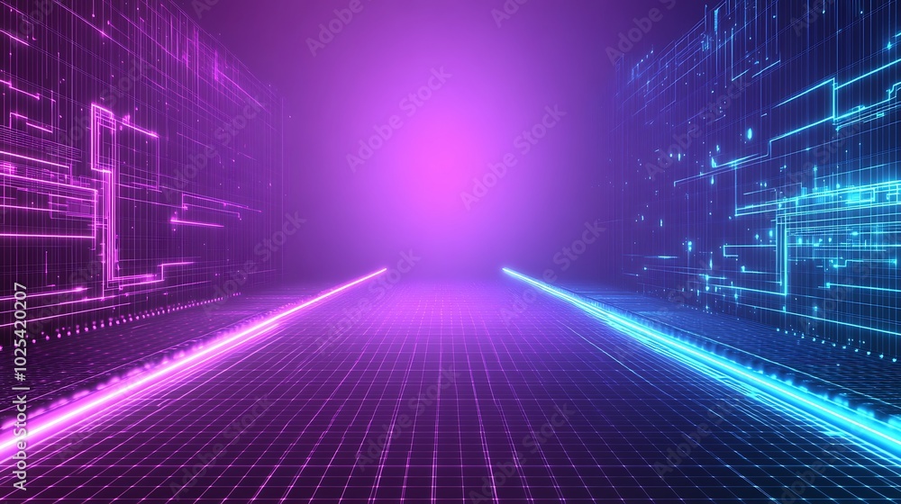 Poster Abstract digital background with glowing lines and a grid.