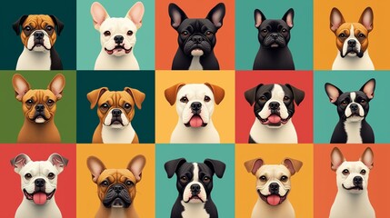 A grid of flat design icons featuring dogs in various poses and sizes, arranged side by side on colorful squares.