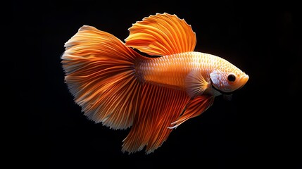 Fototapeta premium Beautiful orange and white betta fish against a black background in a studio shot viewed from the side