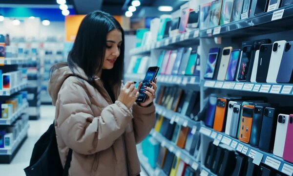 Woman shopping for a new phone.