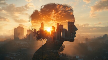Double exposure of a human head and destroyed buildings, silhouette against a sunset sky background