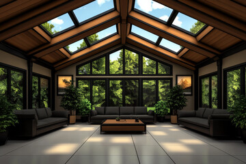 Modern living room with a skylight and large windows offering a view of the lush green outdoors.