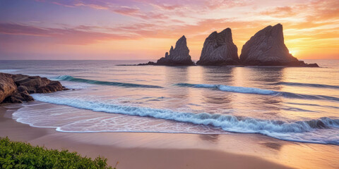 Tranquil beach scene at sunrise featuring gentle waves, peaceful coastal landscape