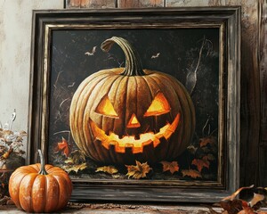 Obraz premium A spooky Halloween pumpkin painting with glowing eyes, surrounded by autumn leaves, capturing the festive spirit.