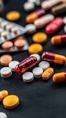 A vibrant assortment of various pills and capsules scattered on a black surface, showcasing diverse colors and shapes.