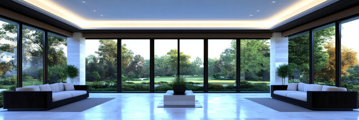 Fototapeta premium Modern living room with large windows overlooking a garden.