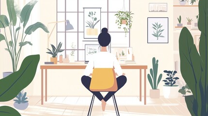 Seated Twist at a Desk in a Peaceful Workspace, Emphasizing Comfort, Simplicity, and Relaxation within an Organized Environment.