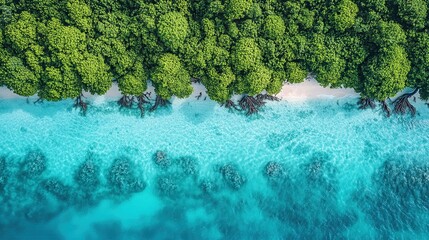 Aerial view of lush coastline and turquoise waters.
