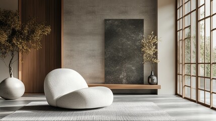 Modern living room in Japandi style with a white chair and a minimalist vase, emphasizing simplicity and elegance.