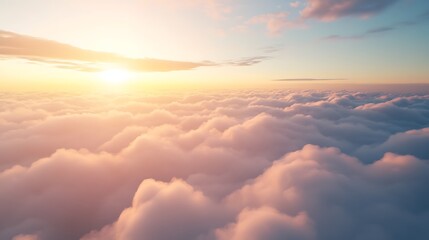 Aerial panorama of a vast blue sky with fluffy white clouds, framed by an airplane window