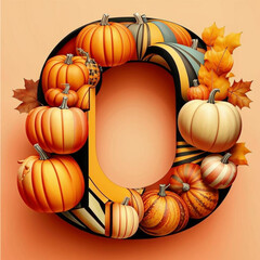 Autumn letter O with pumpkins and leaves. 3d illustration