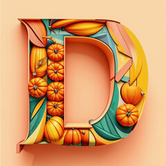 Letter D made of pumpkins. Halloween font. 3d illustration