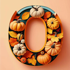Autumn letter O with pumpkins and leaves. 3d illustration