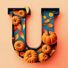 Halloween letter U made of pumpkins. 3D illustration.