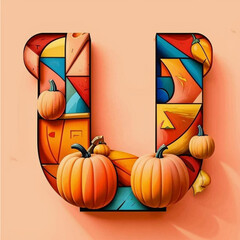 Halloween letter U made of pumpkins. 3D illustration.