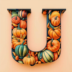 Halloween letter U made of pumpkins. 3D illustration.