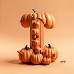 Pumpkin I letter on orange background. 3d render illustration.
